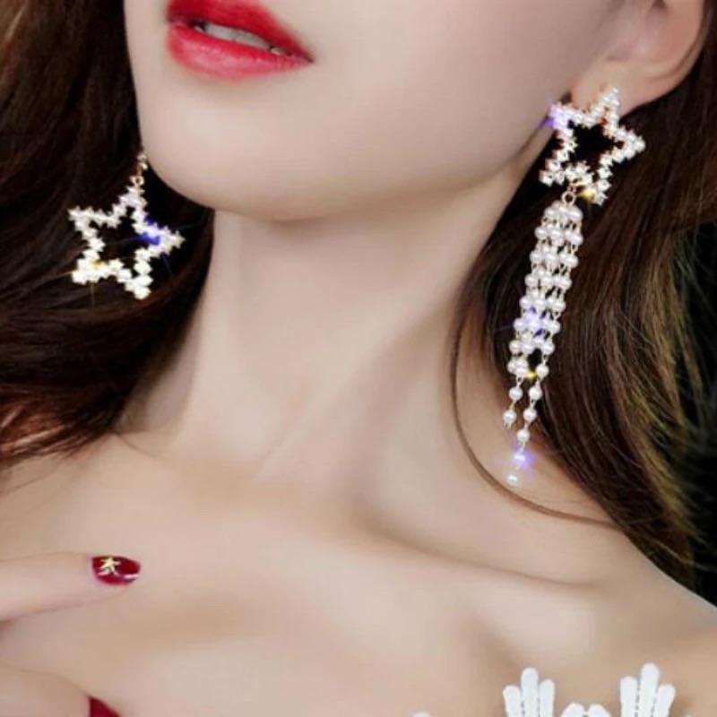 Crystal Pearl Beaded Star Tassels Stud Drop Dangle